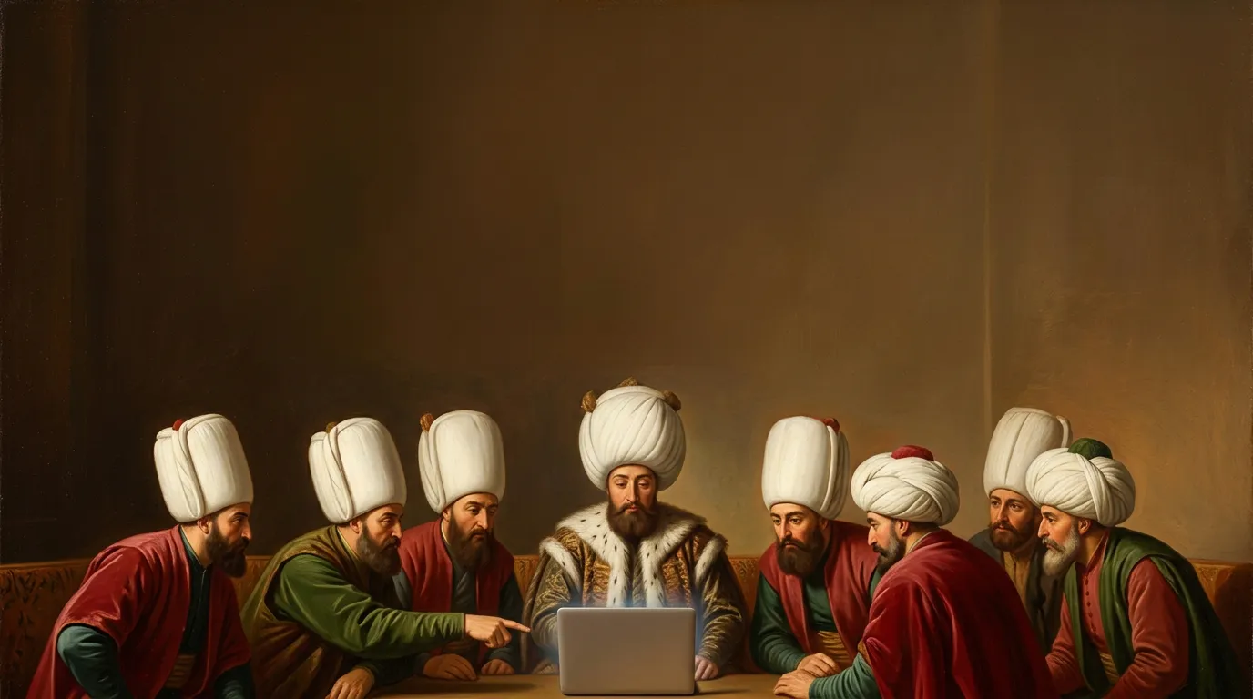 Oil painting of an Ottoman sultan and his grand viziers reviewing a website on a laptop