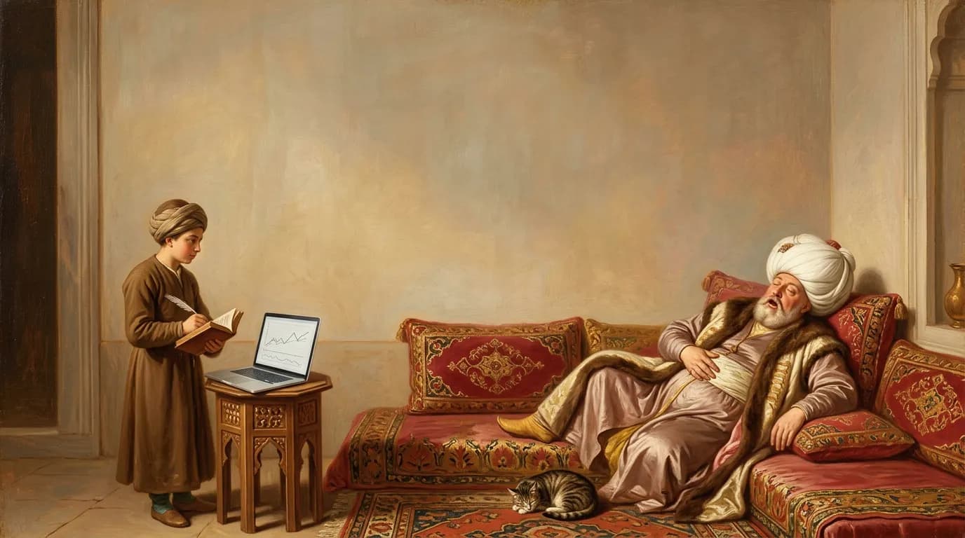 Oil painting of an Ottoman pasha taking a siesta on a divan beside an open laptop