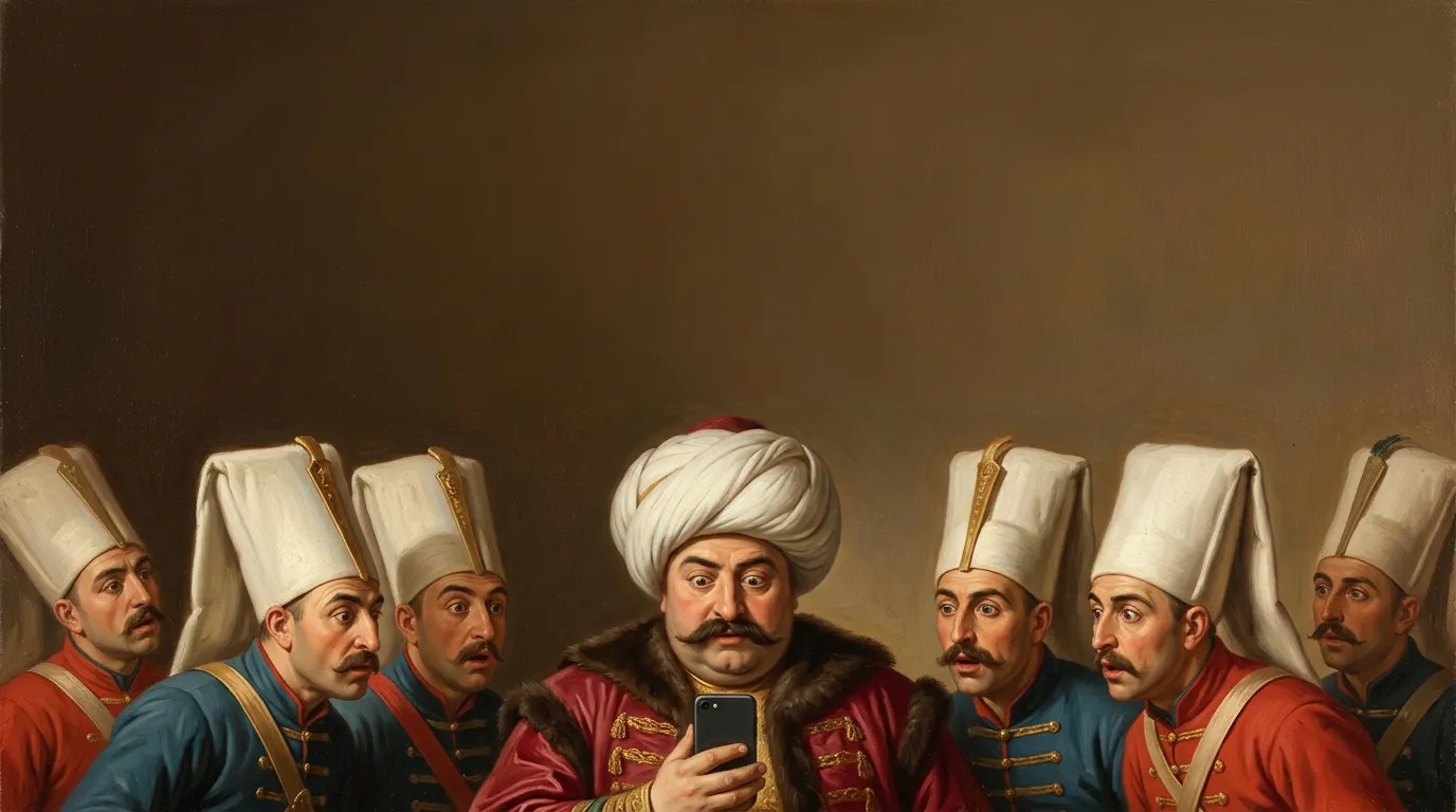 Oil painting of an Ottoman pasha and Janissaries staring at a smartphone in astonishment