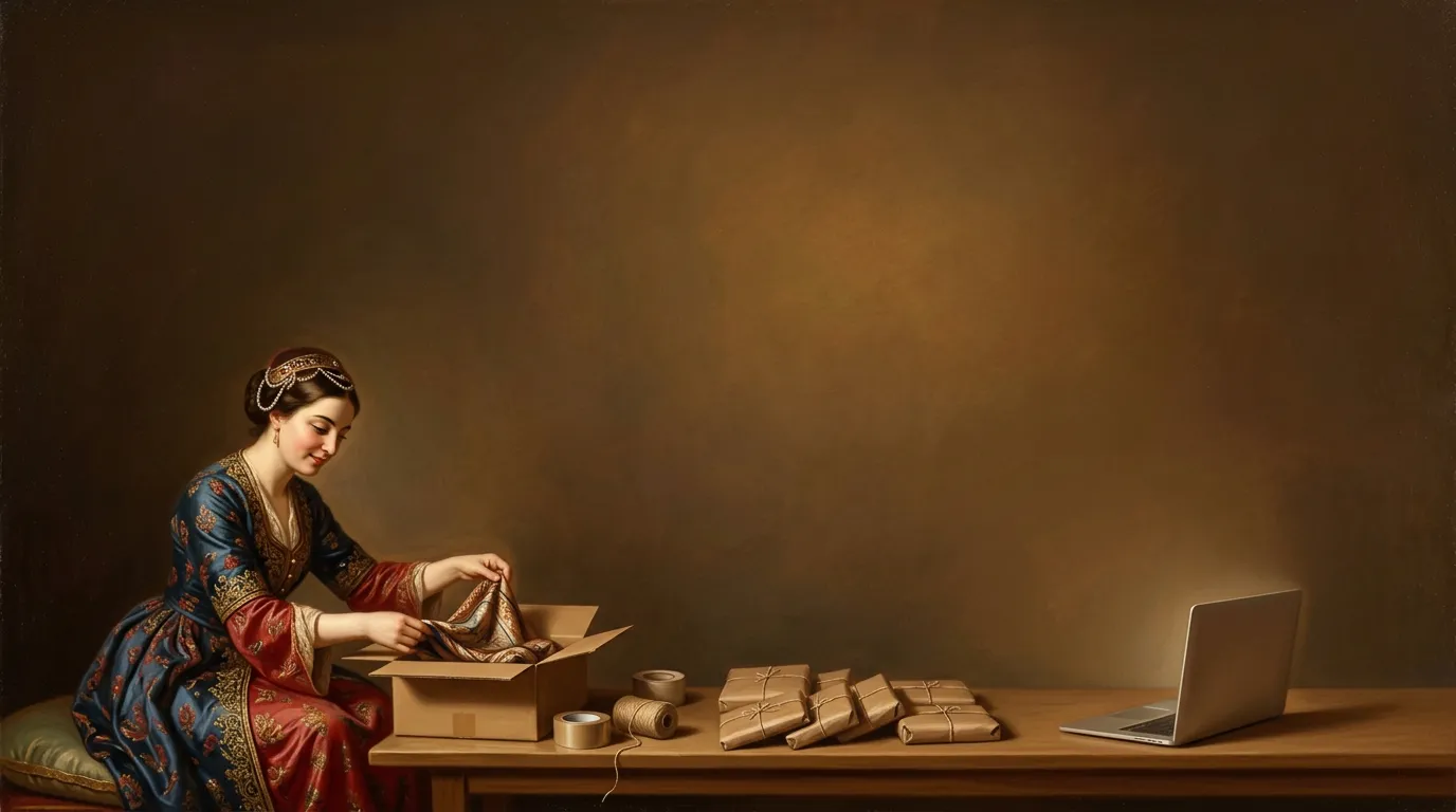 Oil painting of an Ottoman princess packing an online order next to a laptop